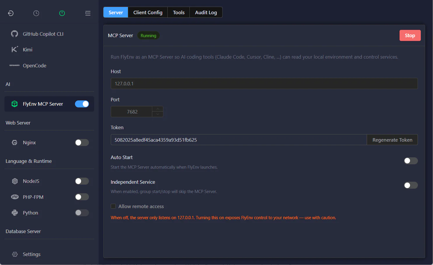 FlyEnv MCP Server 设置界面
